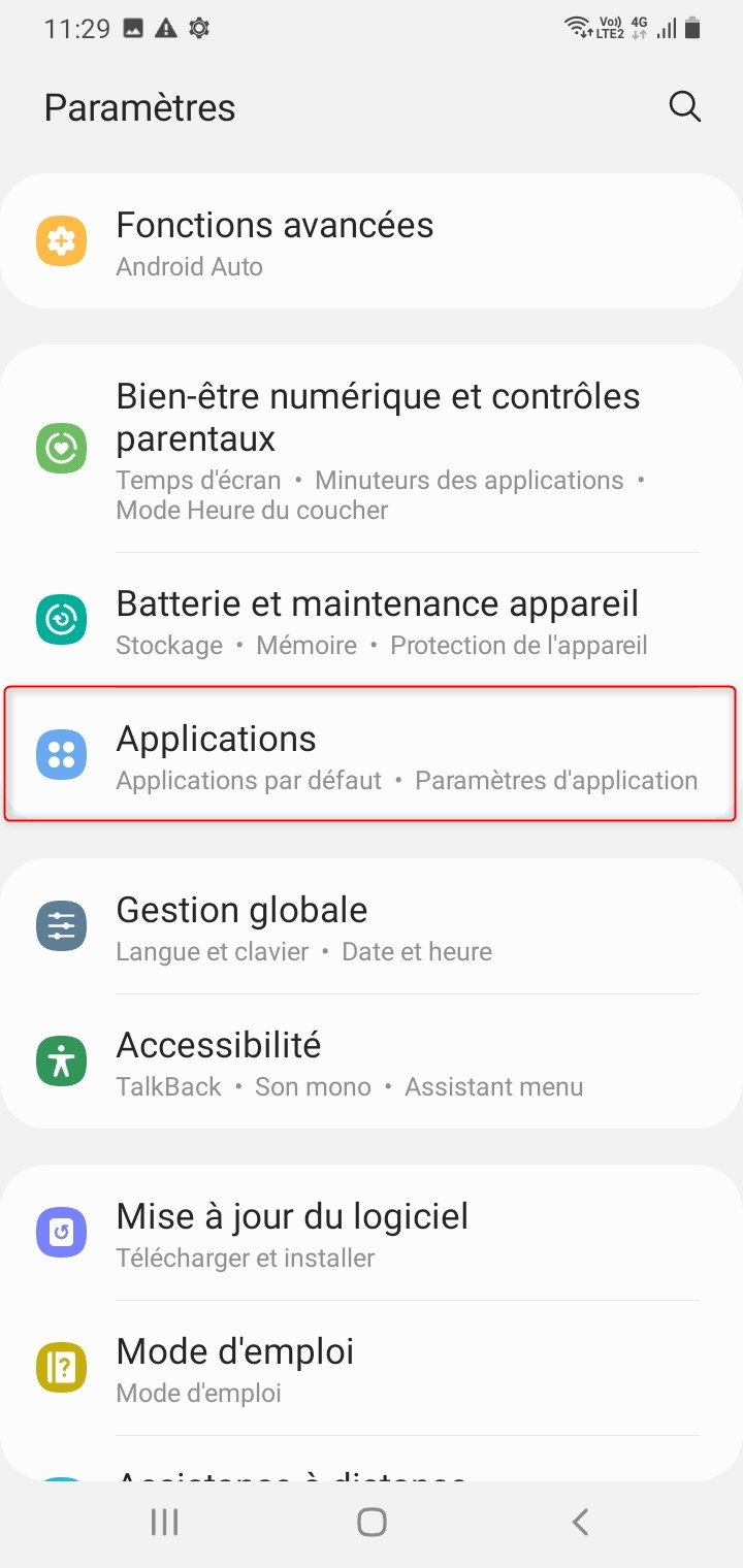 Paramètres Applications