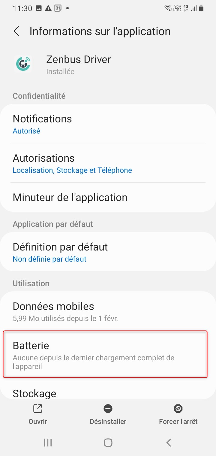 Application Zenbus Driver batterie