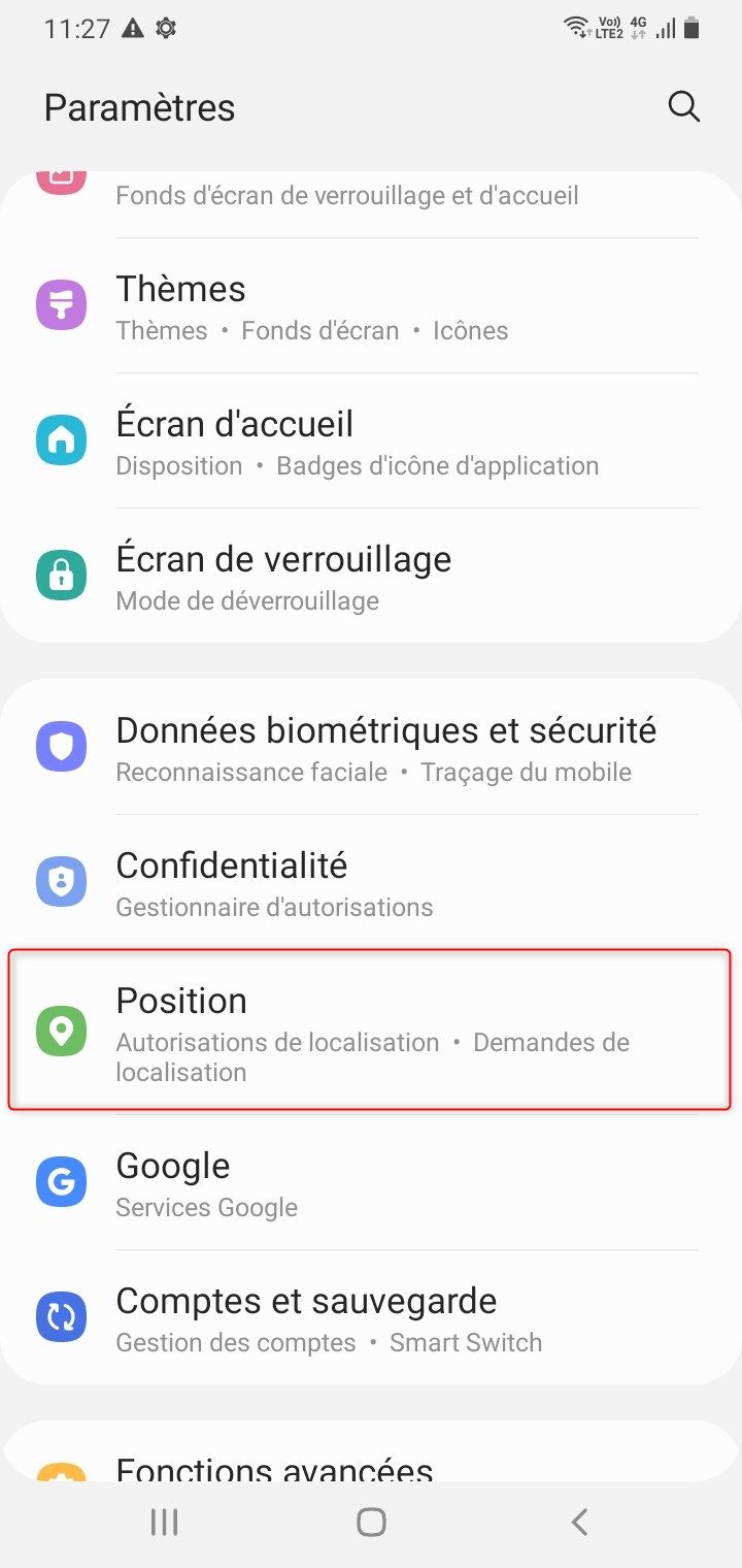 Paramètres Android localisation